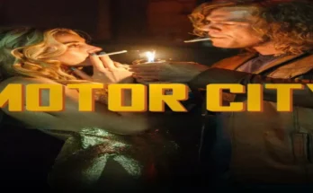 Alan Ritchson with long hair and a beard burning paper in Motor City movie review