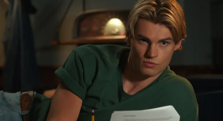 Noah Lalonde as shirtless Cole looking at Nikki Rodriguez as Jackie in My Life with the Walter Boys season 3 review