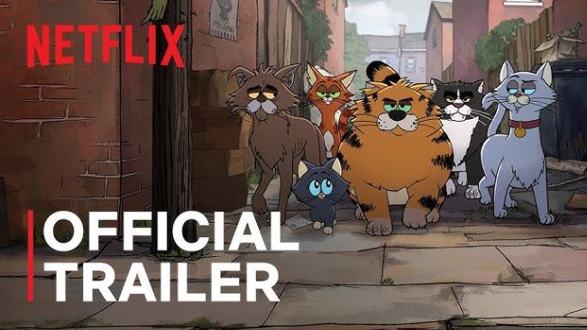 Gus and orange cat friends in Alley Cats Netflix review adult animated show