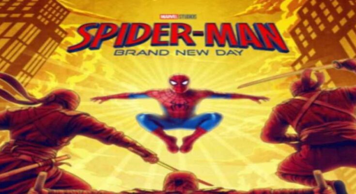 Tom Holland as Spider-Man swinging in an action pose from Brand New Day movie poster