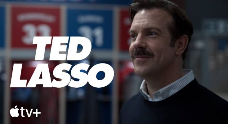Jason Sudeikis as Ted Lasso grinning in Ted Lasso season 4 review poster